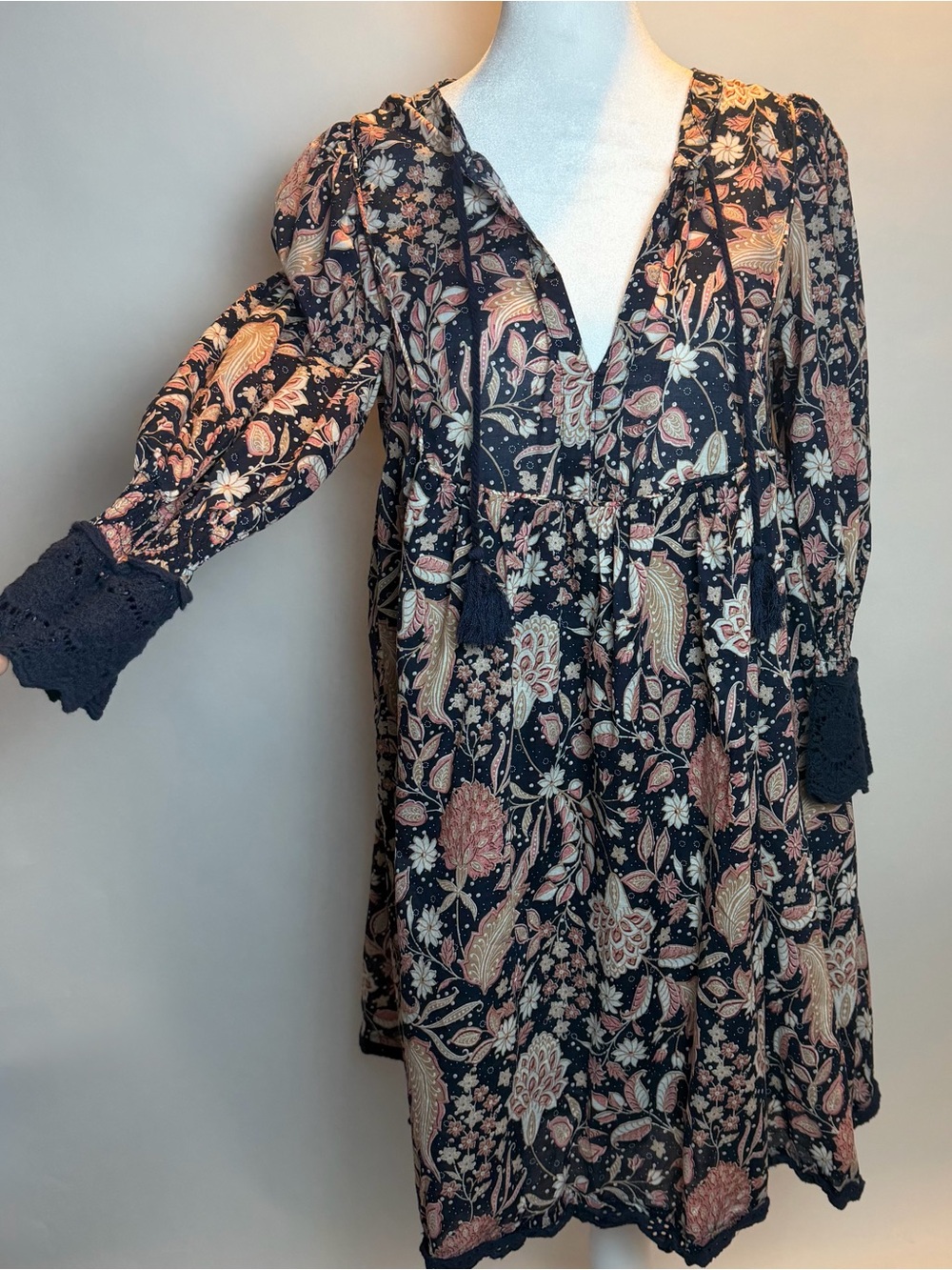 Olivaceous Navy Multi Paisley Floral Tie-Front Tunic